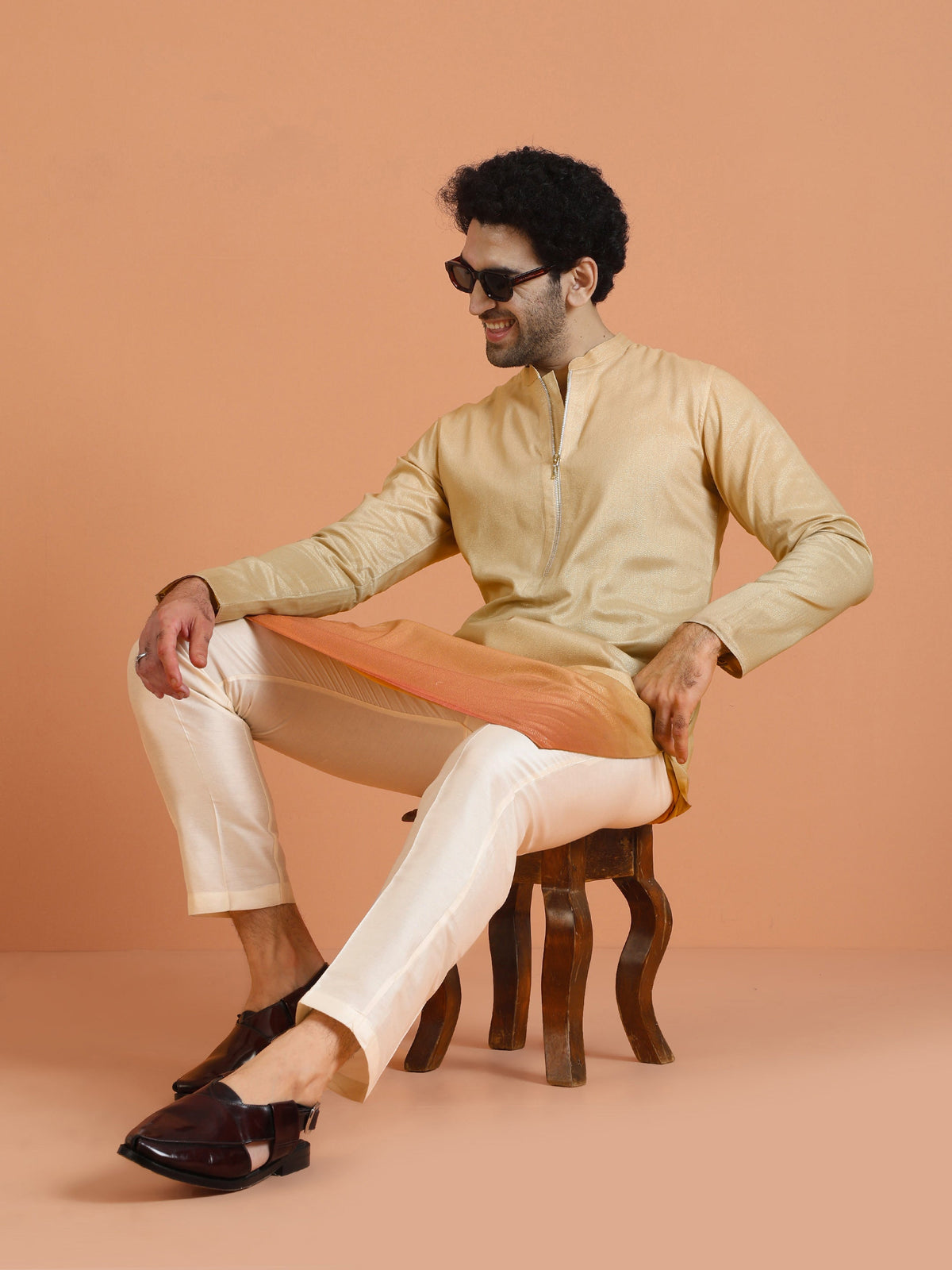 Beige Ombre Silk Kurta with Zip