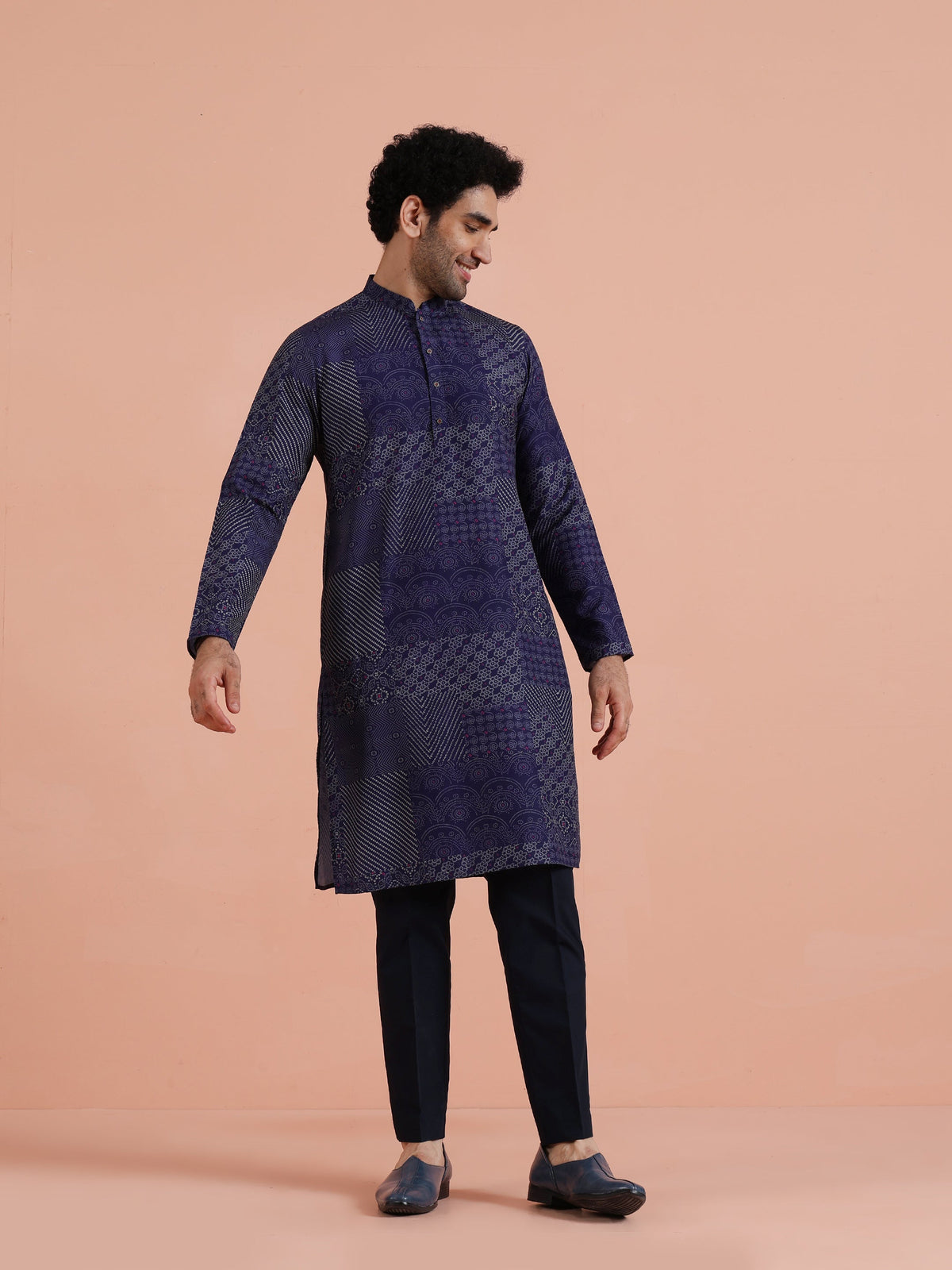 Navy Blue Art Silk Printed Long Kurta
