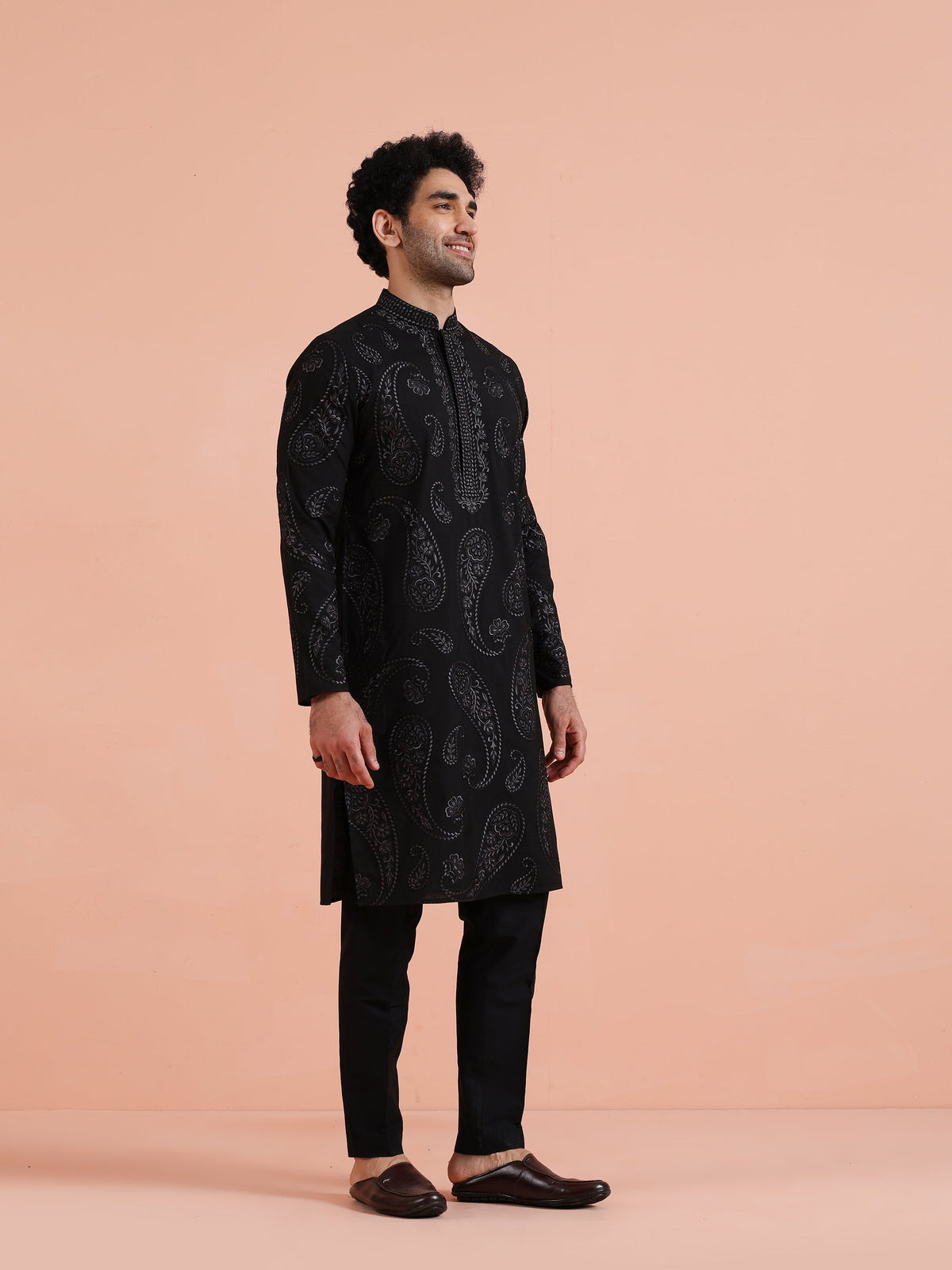 Black Embroidered Silk Blend Kurta