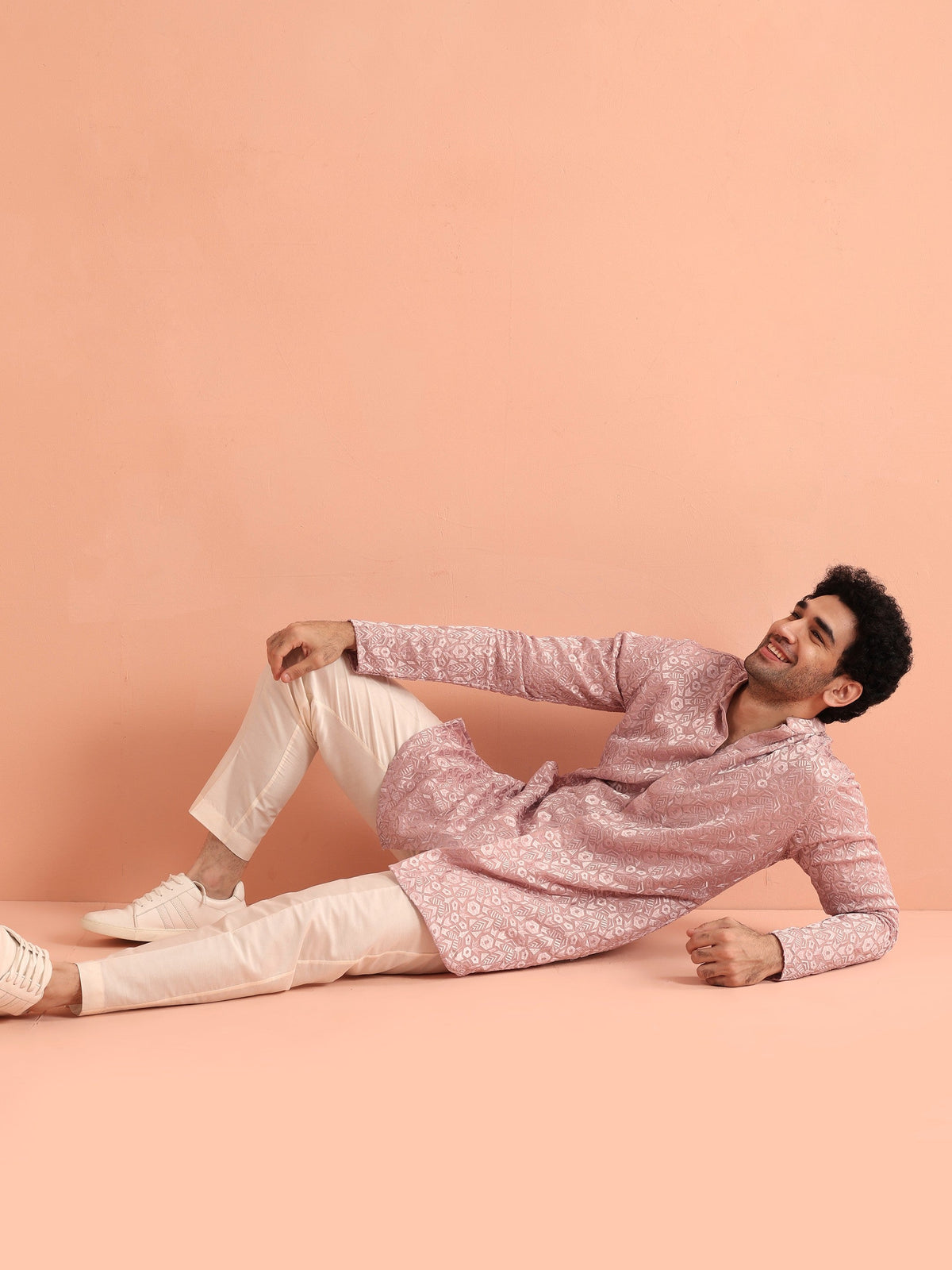 Pink Jacquard Silk Blend Mid Kurta