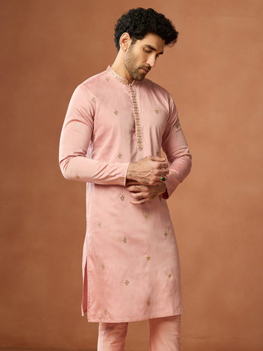 Pink Silk Blend Embroidered Kurta