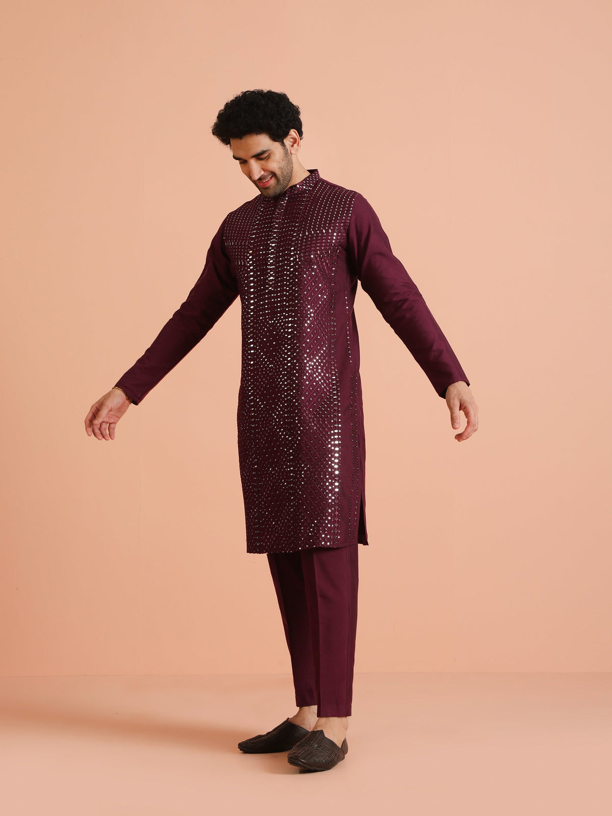 Wine Poly Silk Embellished Kurta