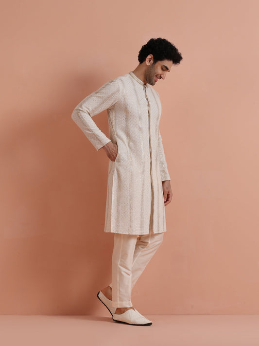 Cream Georgette Sequin Long Kurta