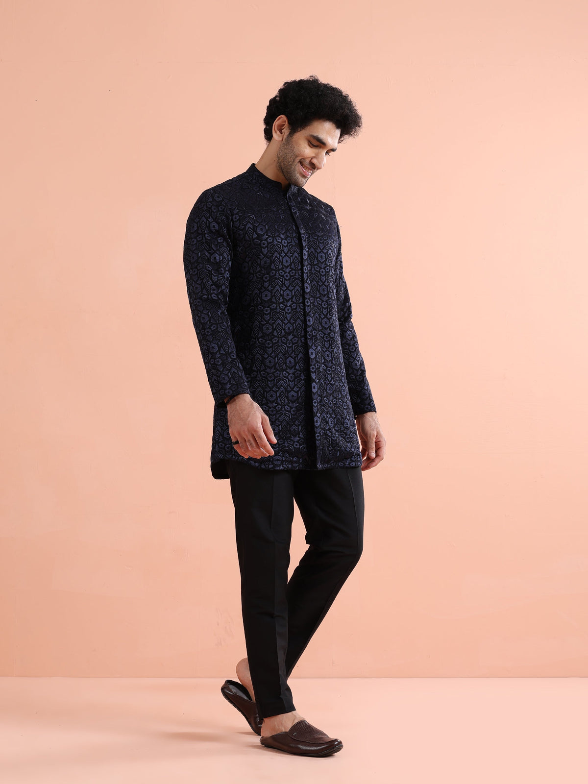 Navy Blue Velvet Embroidered Mid Kurta