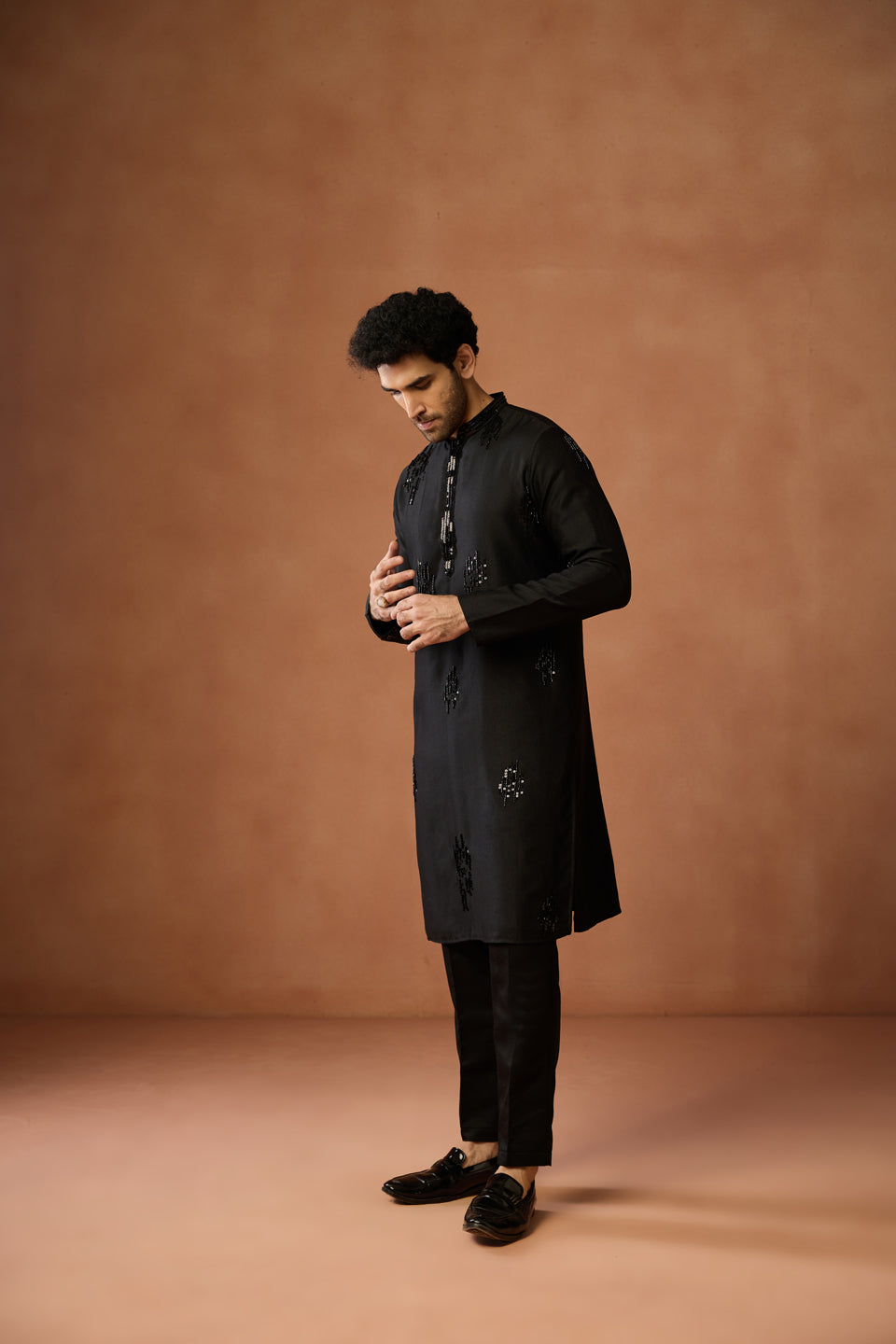Black Silk Blend Beaded Long Kurta