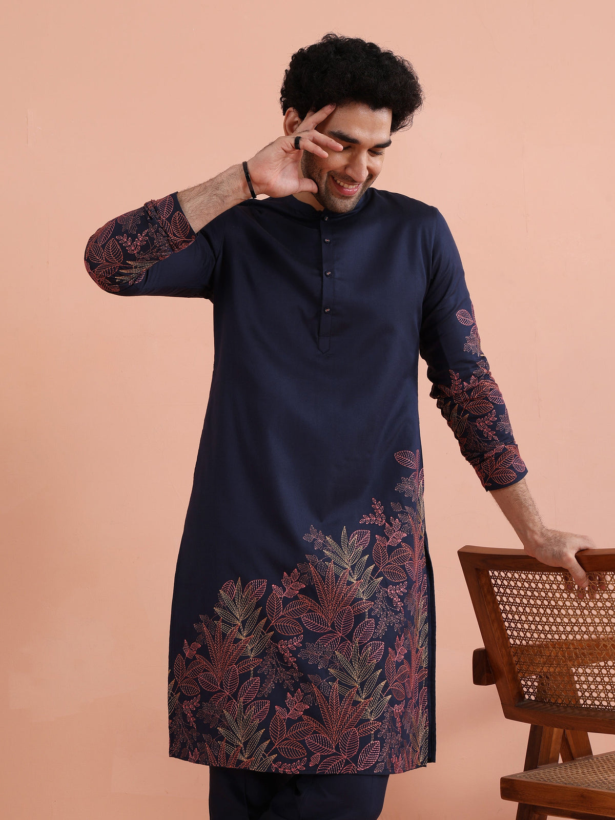 Navy Kurta with Red Embroidery