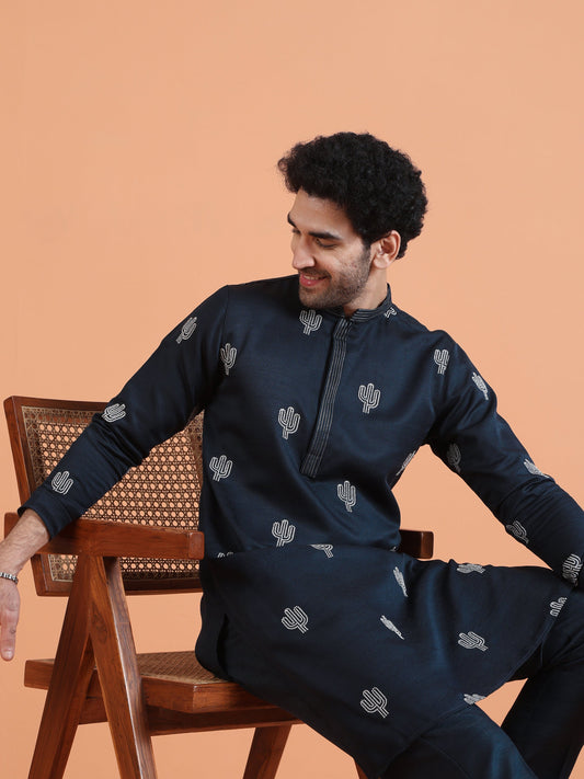 Navy Blue Cotton Silk Embroidered Kurta