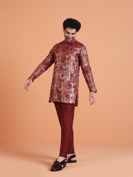 Maroon Art Silk Floral Mid Kurta