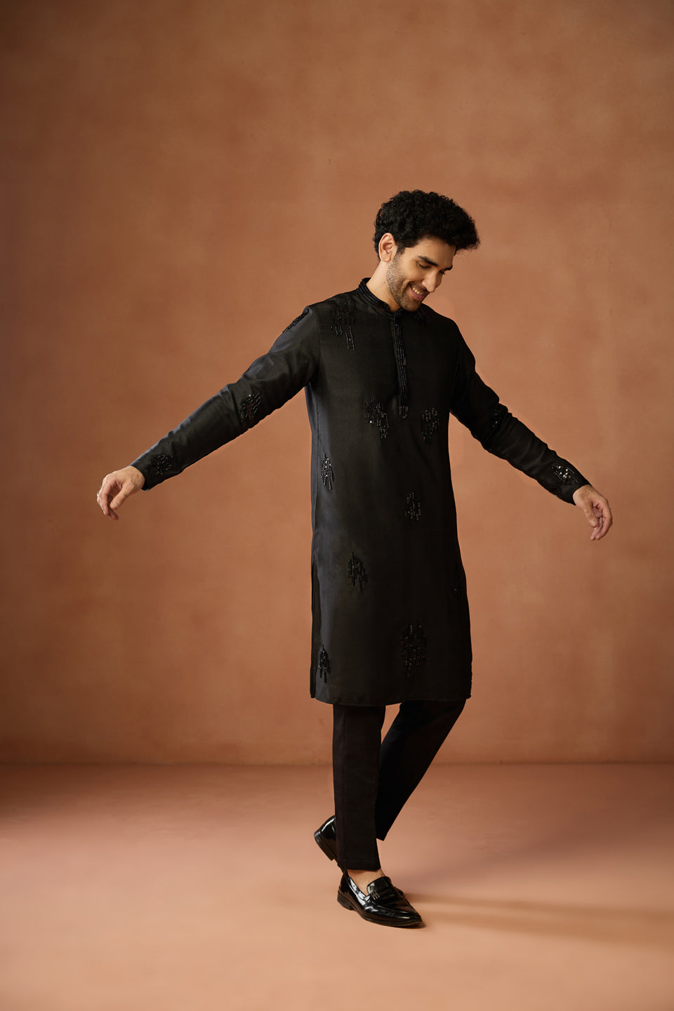 Black Silk Blend Beaded Long Kurta