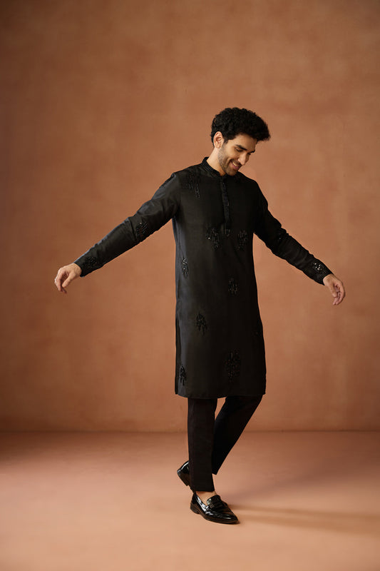 Black Silk Blend Beaded Long Kurta