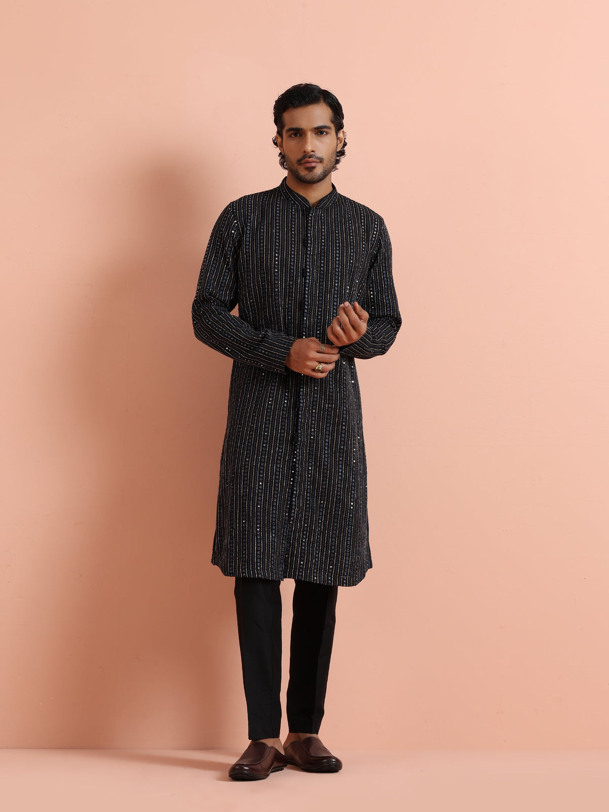 Black Silk Blend Mirror Work Kurta