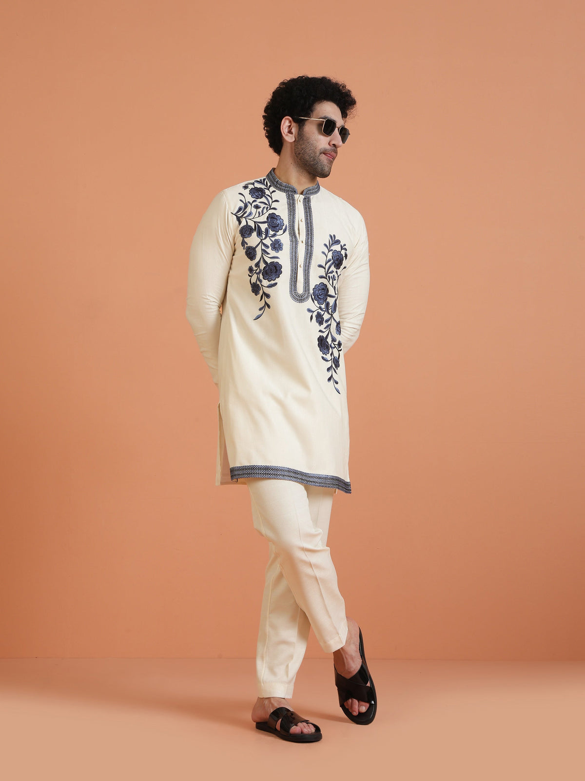 Cream Cotton Silk Embroidered Kurta