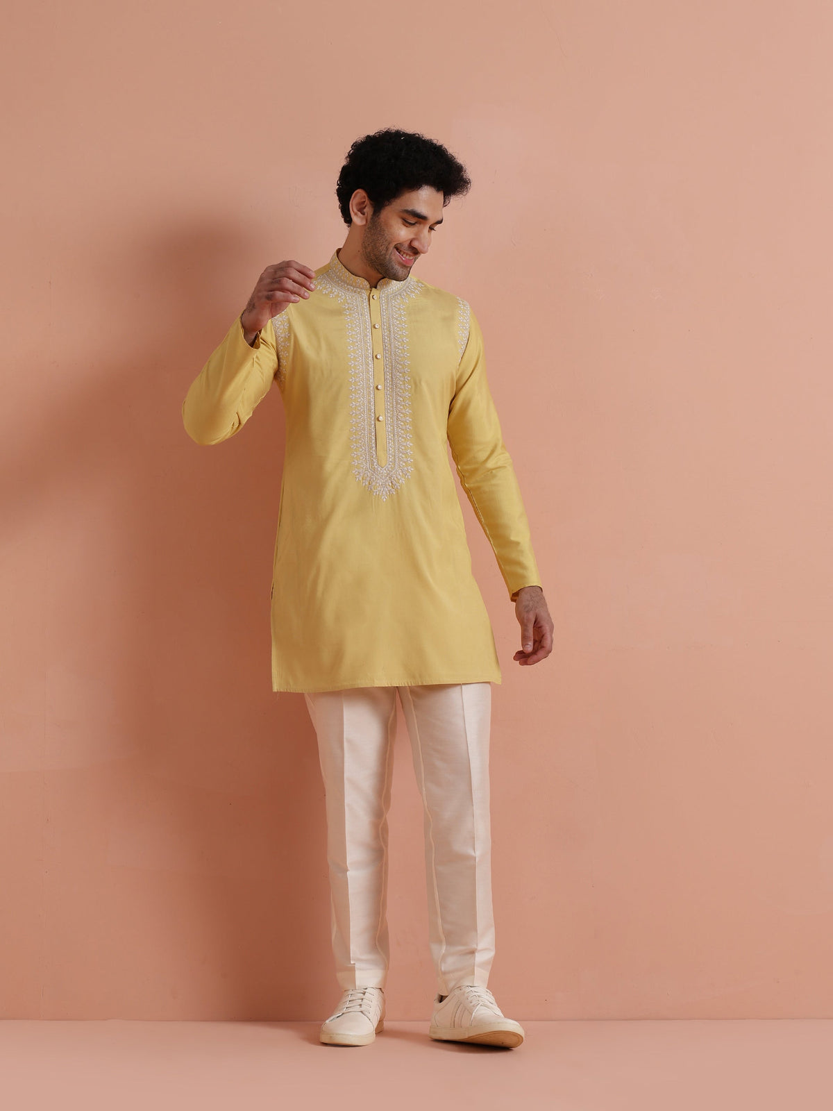 Yellow Poly Silk Embroidered Kurta