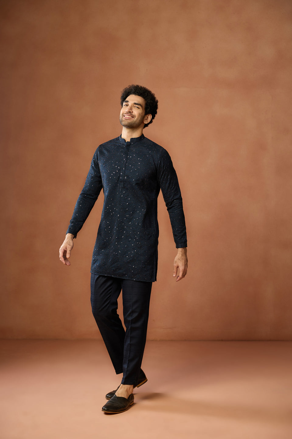 Navy Blue Silk Blend Embroidered Mid Kurta