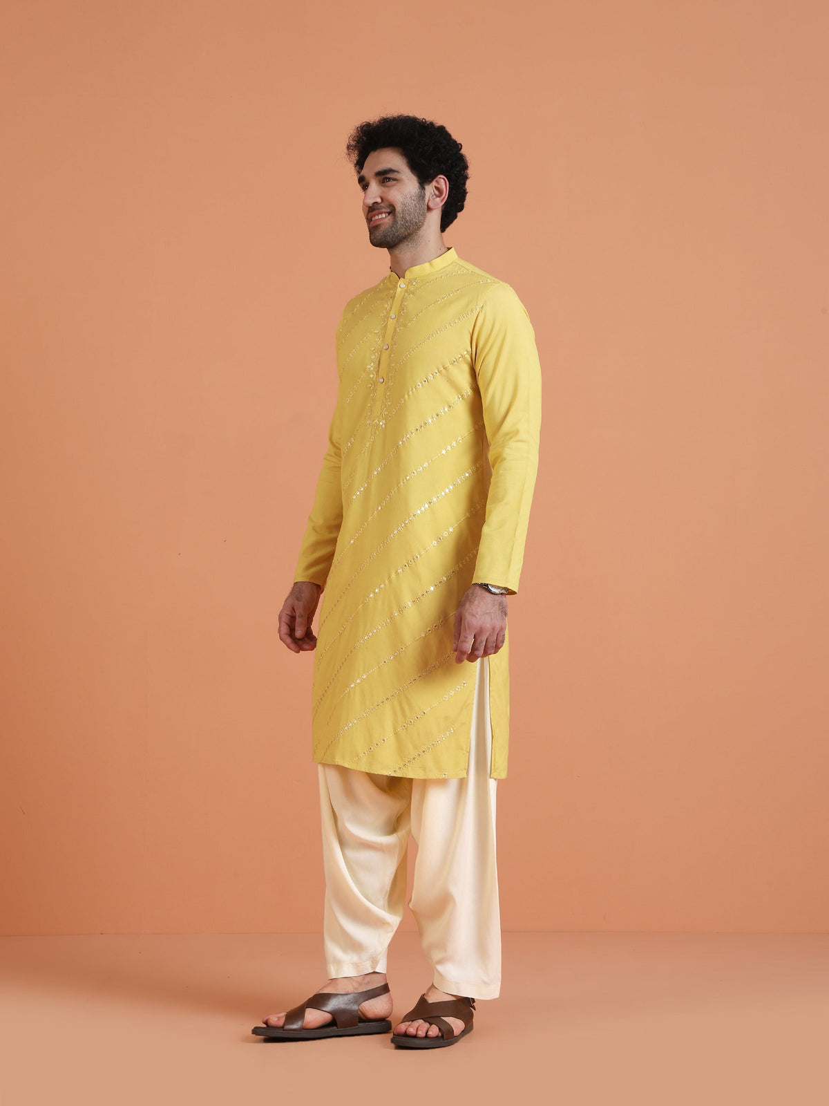 Yellow Cotton Silk Mirror Work Kurta