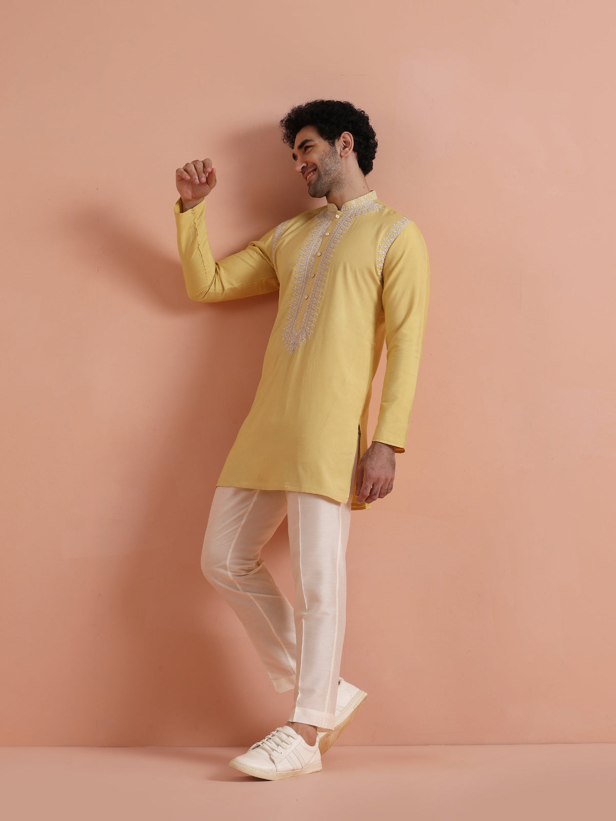Yellow Poly Silk Embroidered Kurta