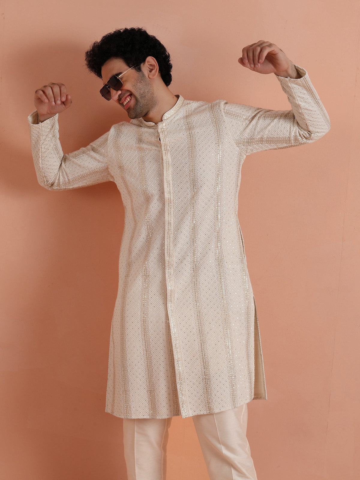 Cream Georgette Sequin Long Kurta