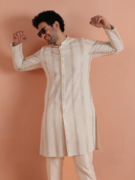 Cream Georgette Sequin Long Kurta