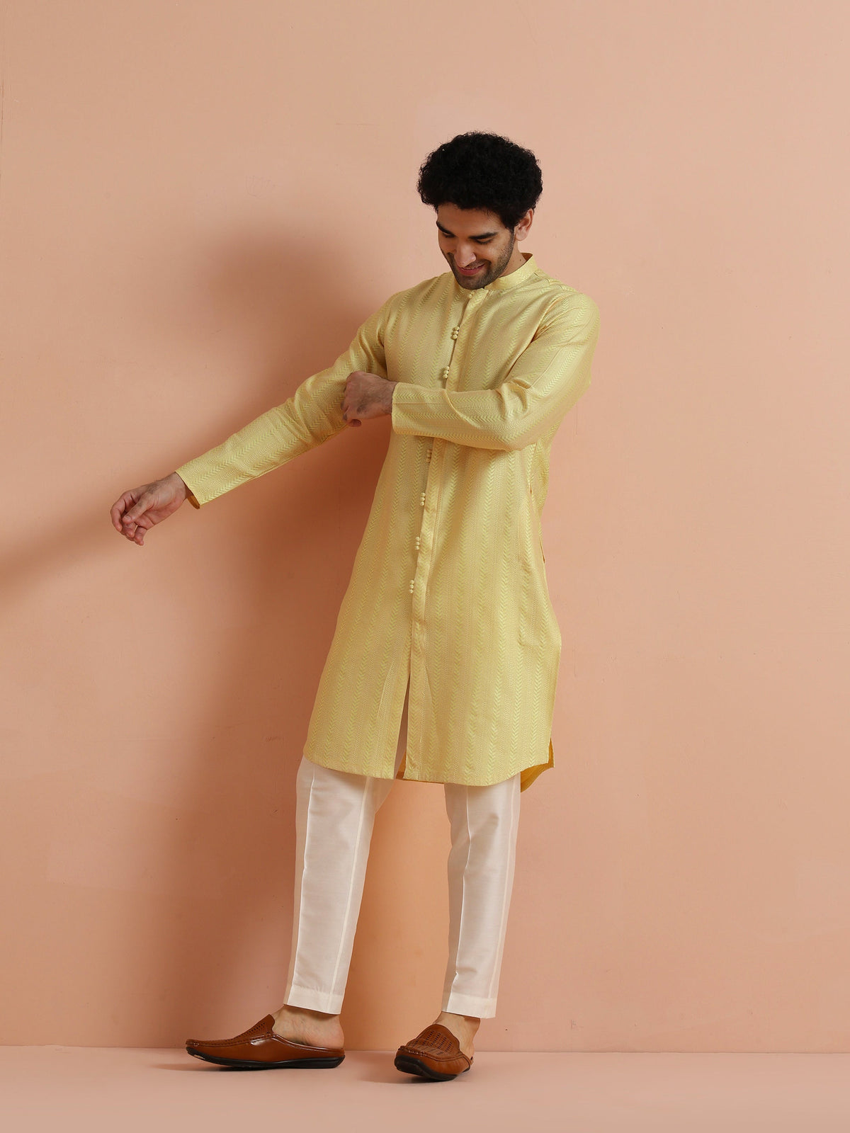 Yellow Jacquard Woven Kurta