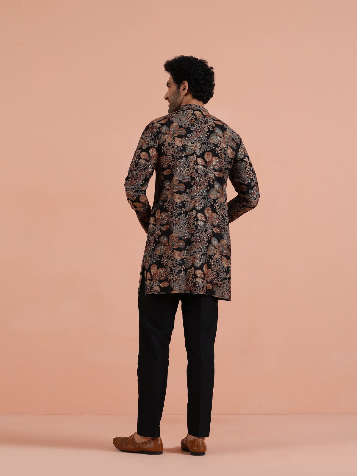 Black Kurta with Golden Floral Print