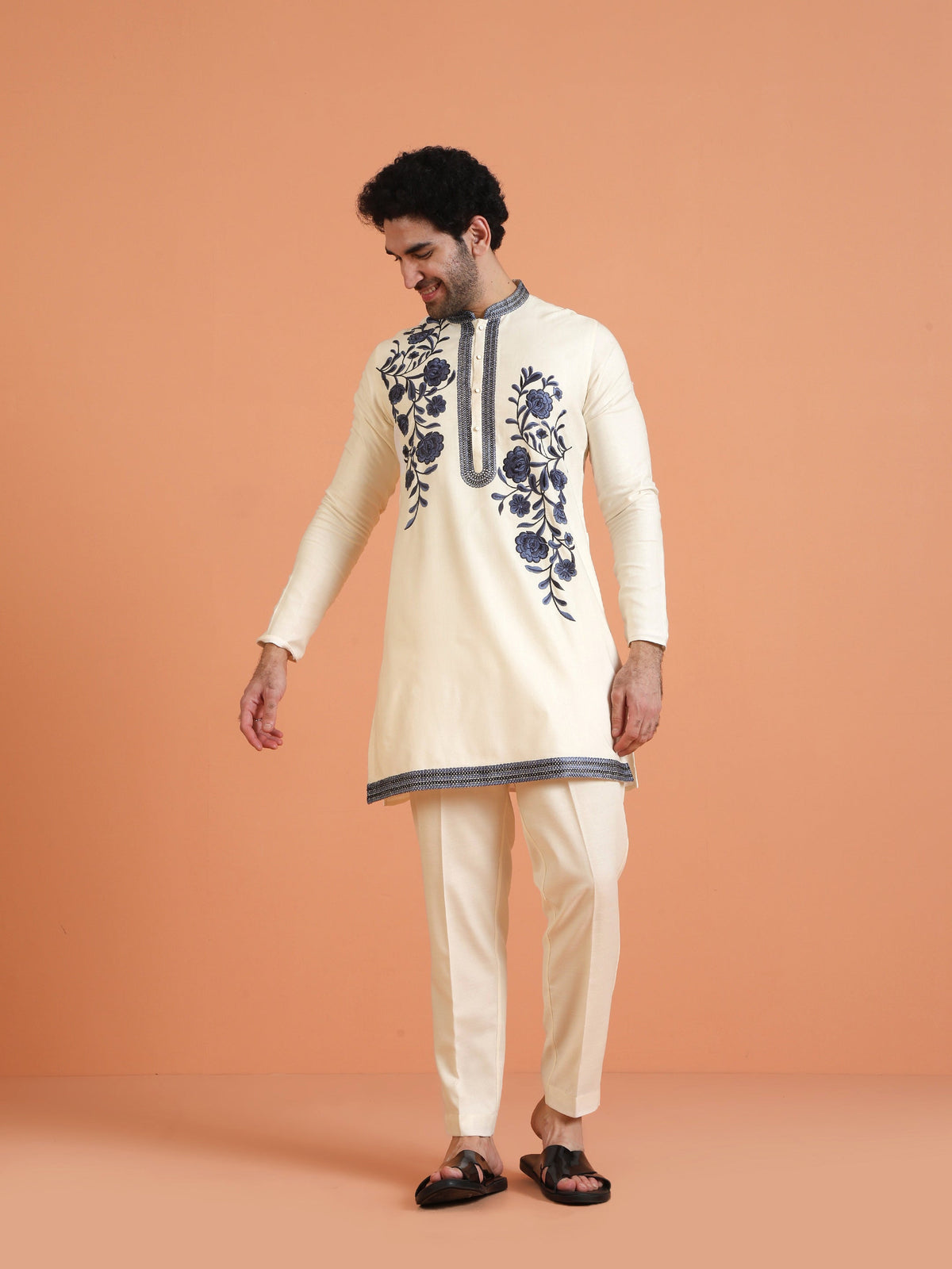 Cream Cotton Silk Embroidered Kurta