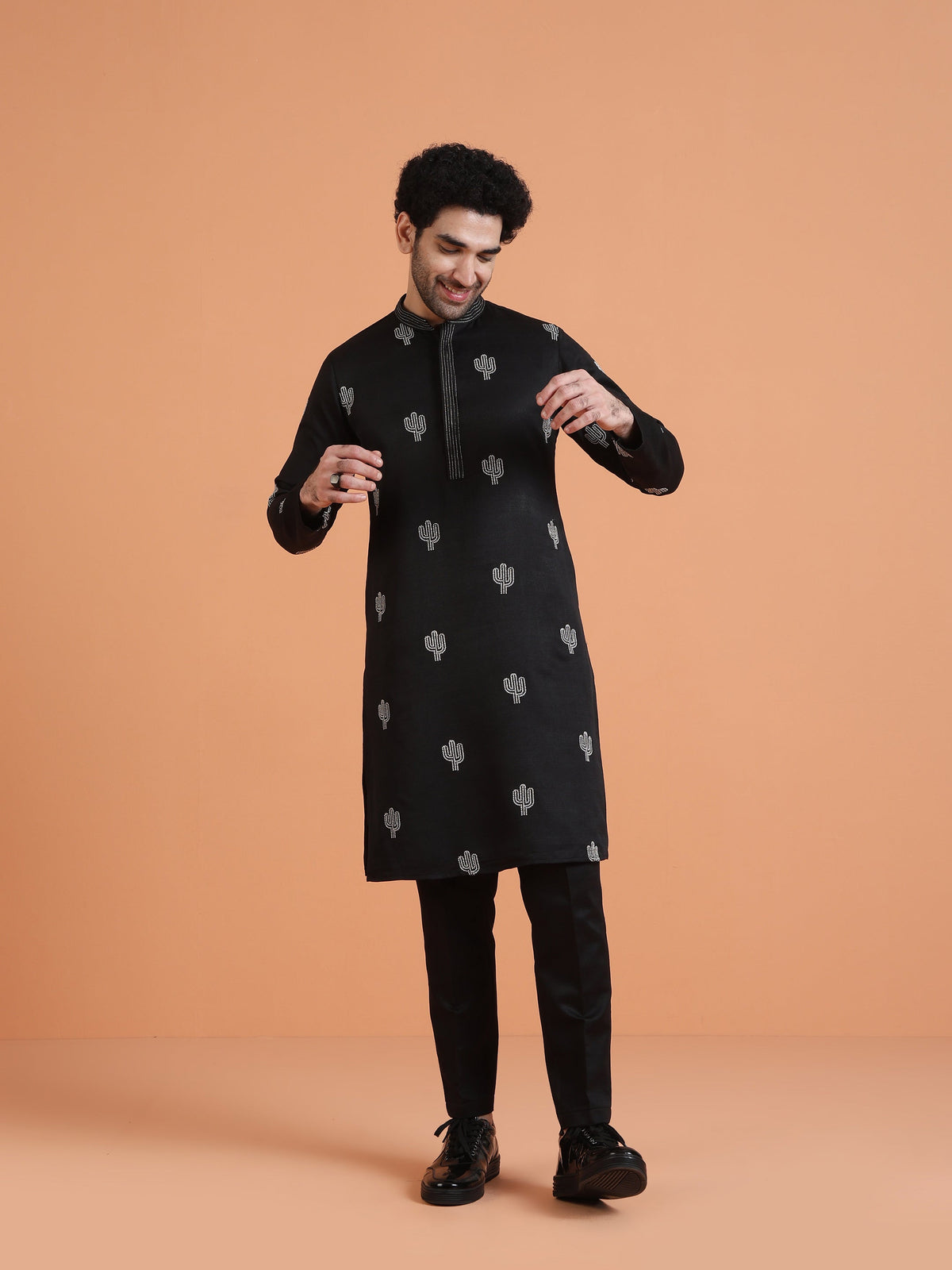 Black Cotton Silk Embroidered Kurta