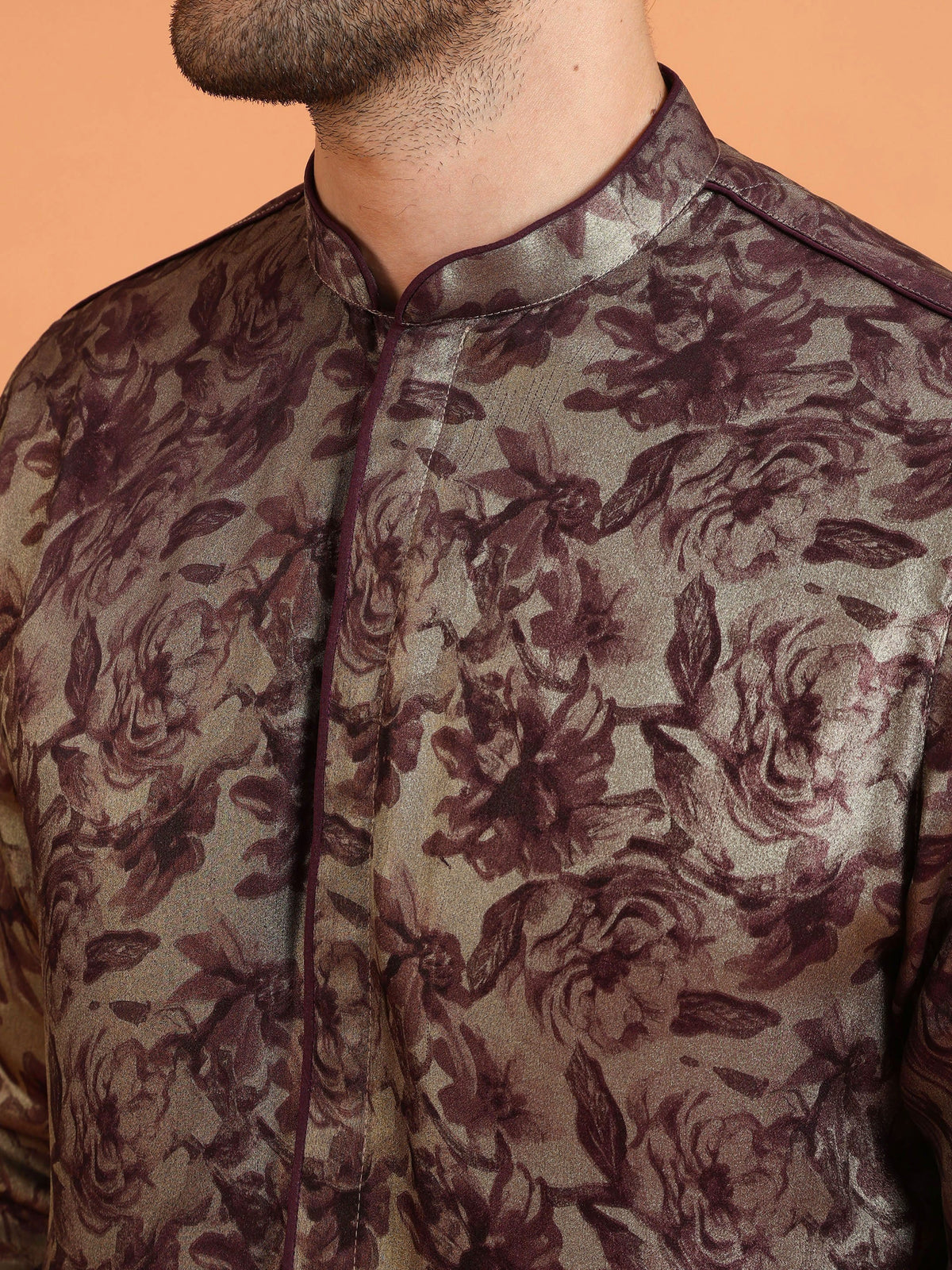 Wine Art Silk Floral Front Open Mid Kurta