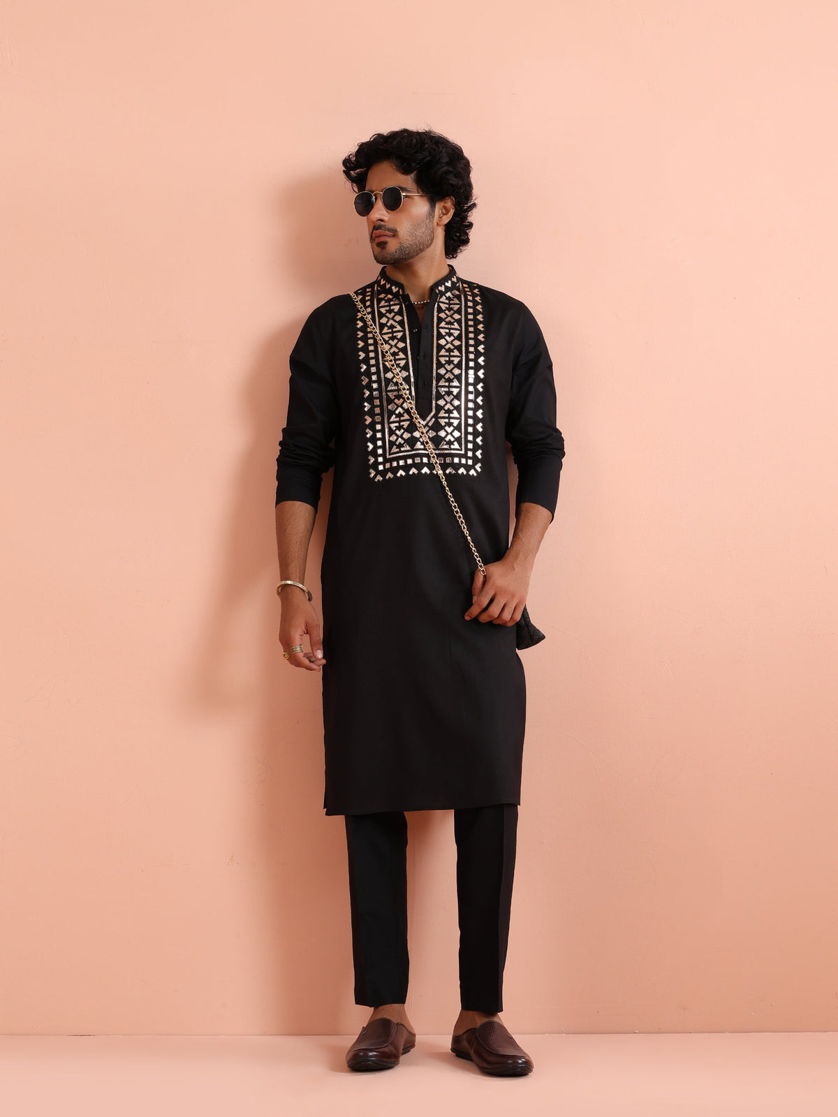 Black Metallic Embroidered Silk Kurta
