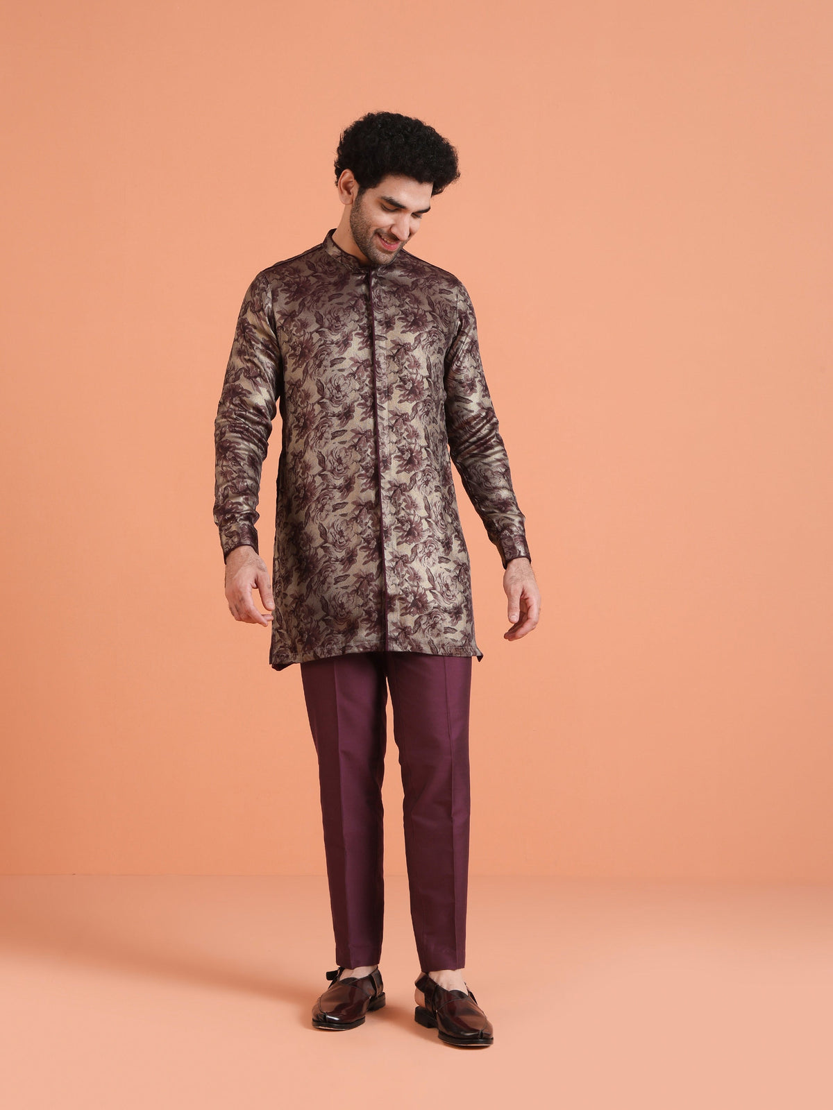 Wine Art Silk Floral Front Open Mid Kurta