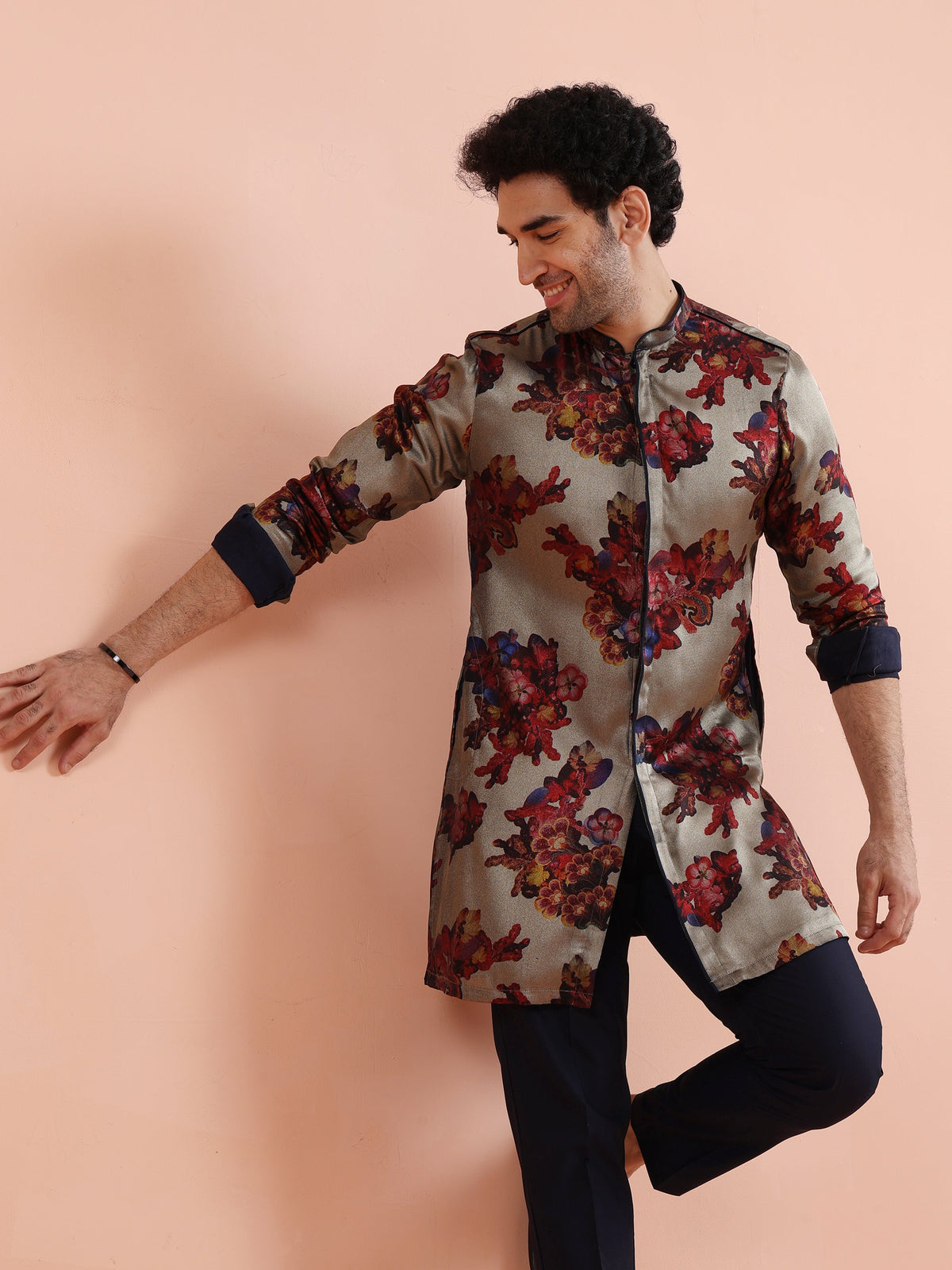 Grey Red Floral Printed Mid Kurta