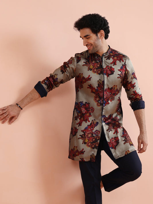 Grey Red Floral Printed Mid Kurta