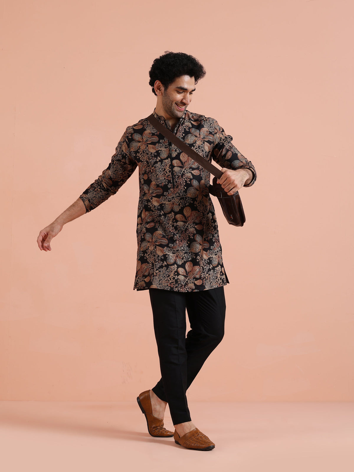 Black Kurta with Golden Floral Print