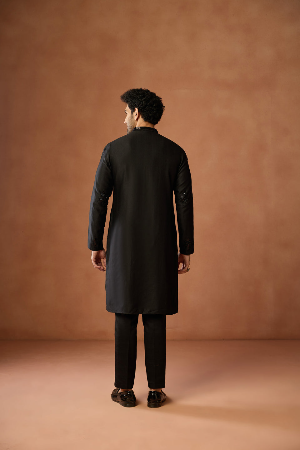Black Silk Blend Beaded Long Kurta