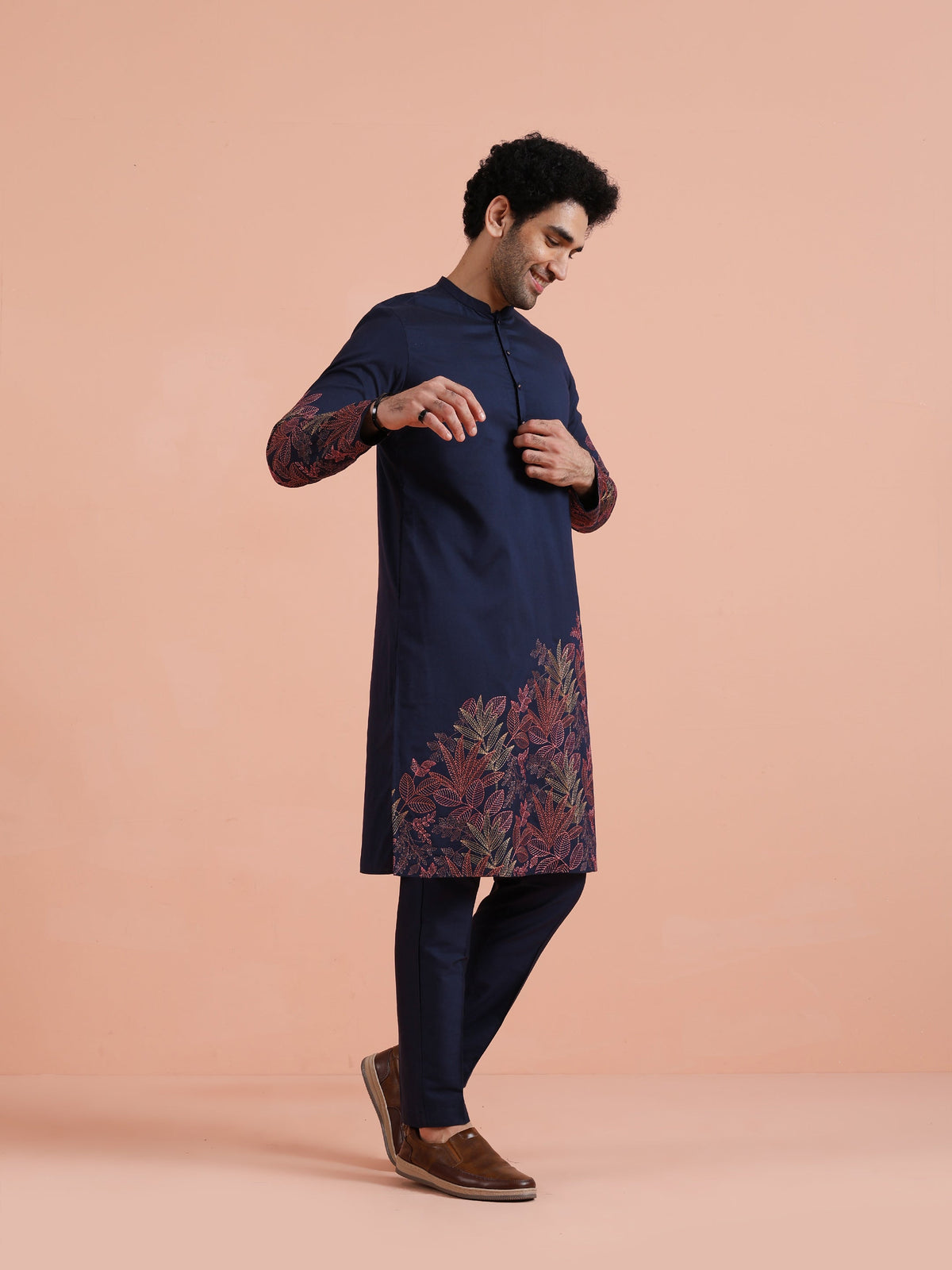 Navy Kurta with Red Embroidery