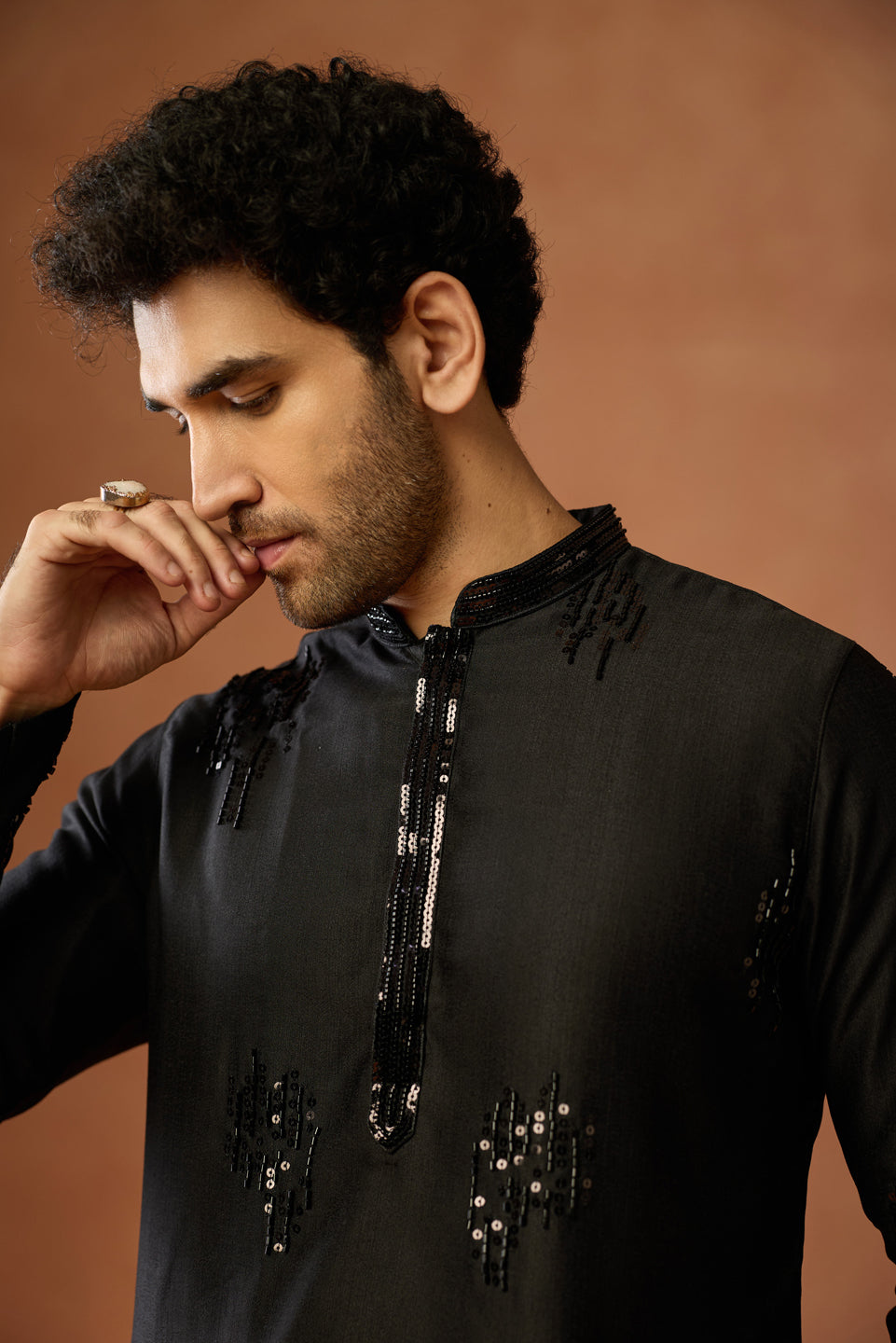 Black Silk Blend Beaded Long Kurta