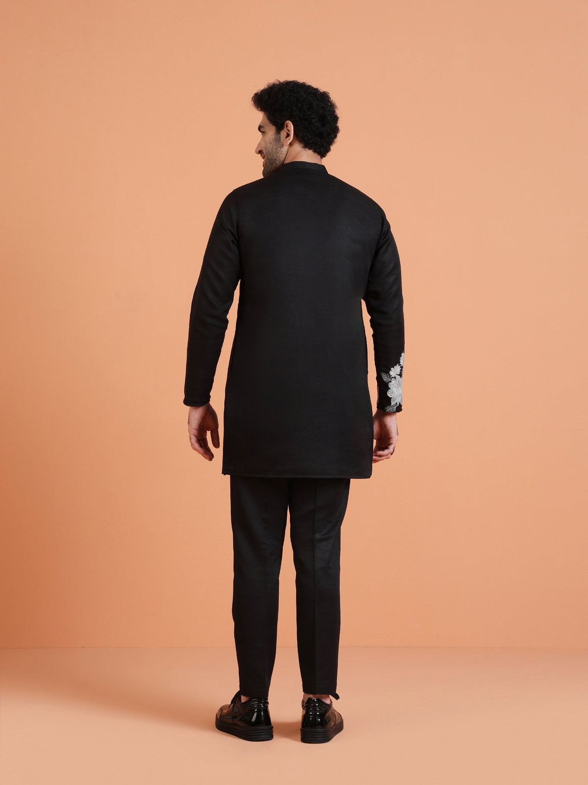 Black Cotton Silk Floral Embroidered Kurta