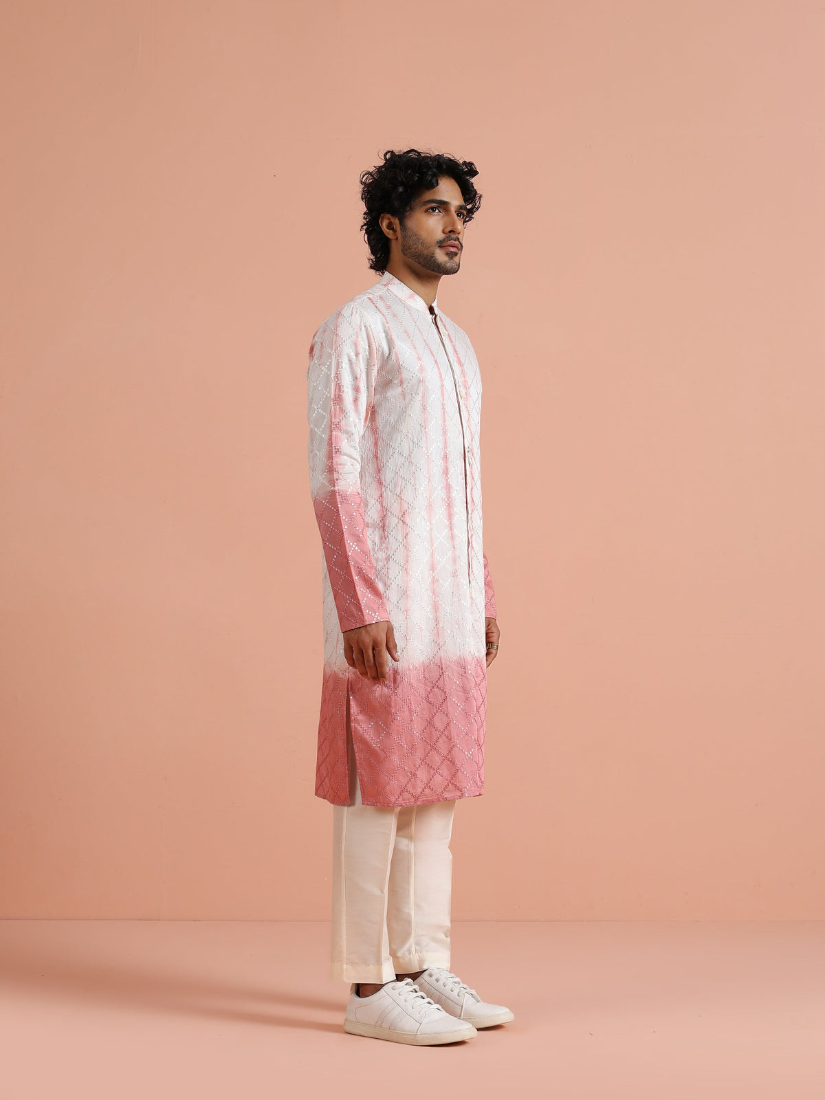 White & Pink Ombre Printed Kurta