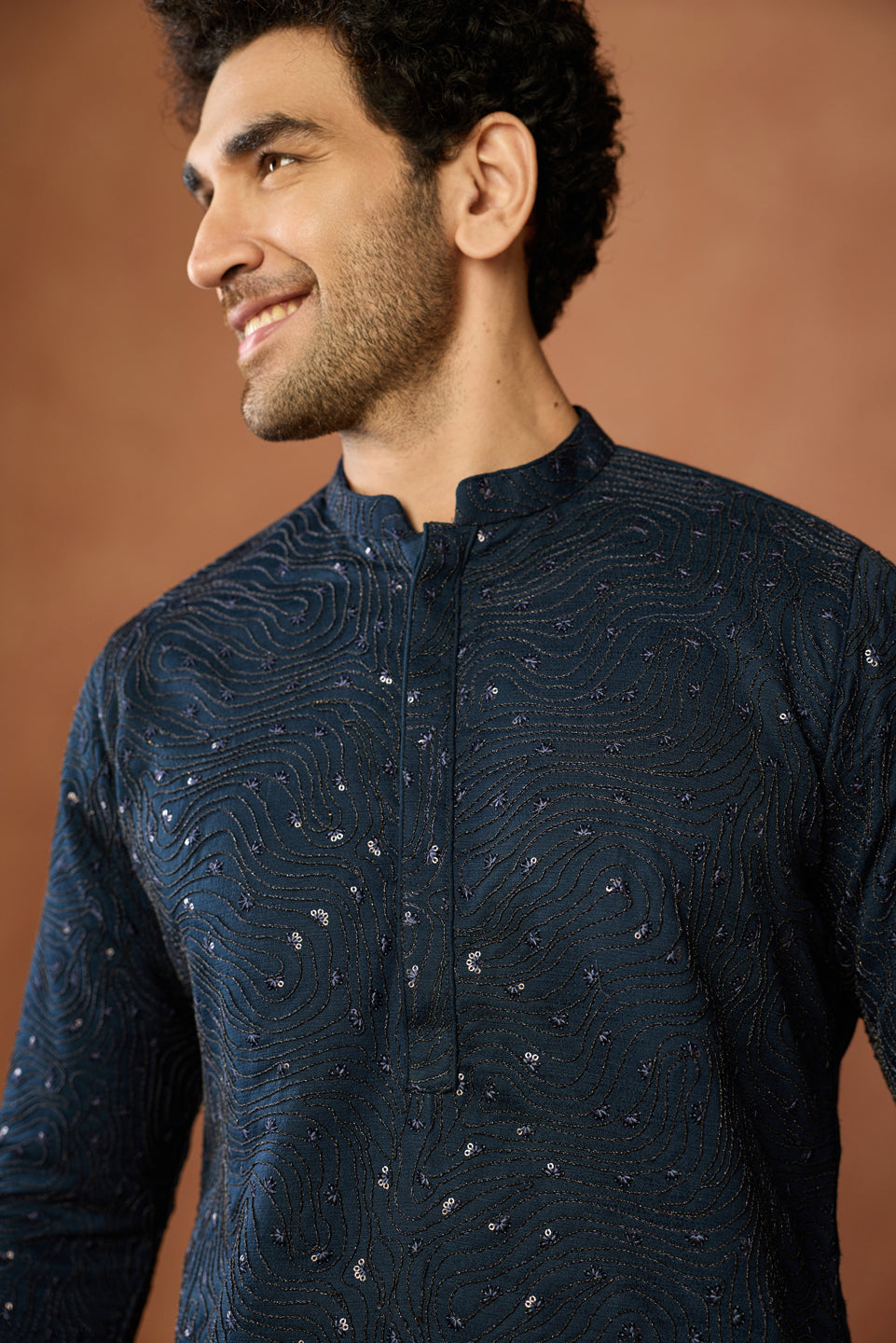 Navy Blue Silk Blend Embroidered Mid Kurta