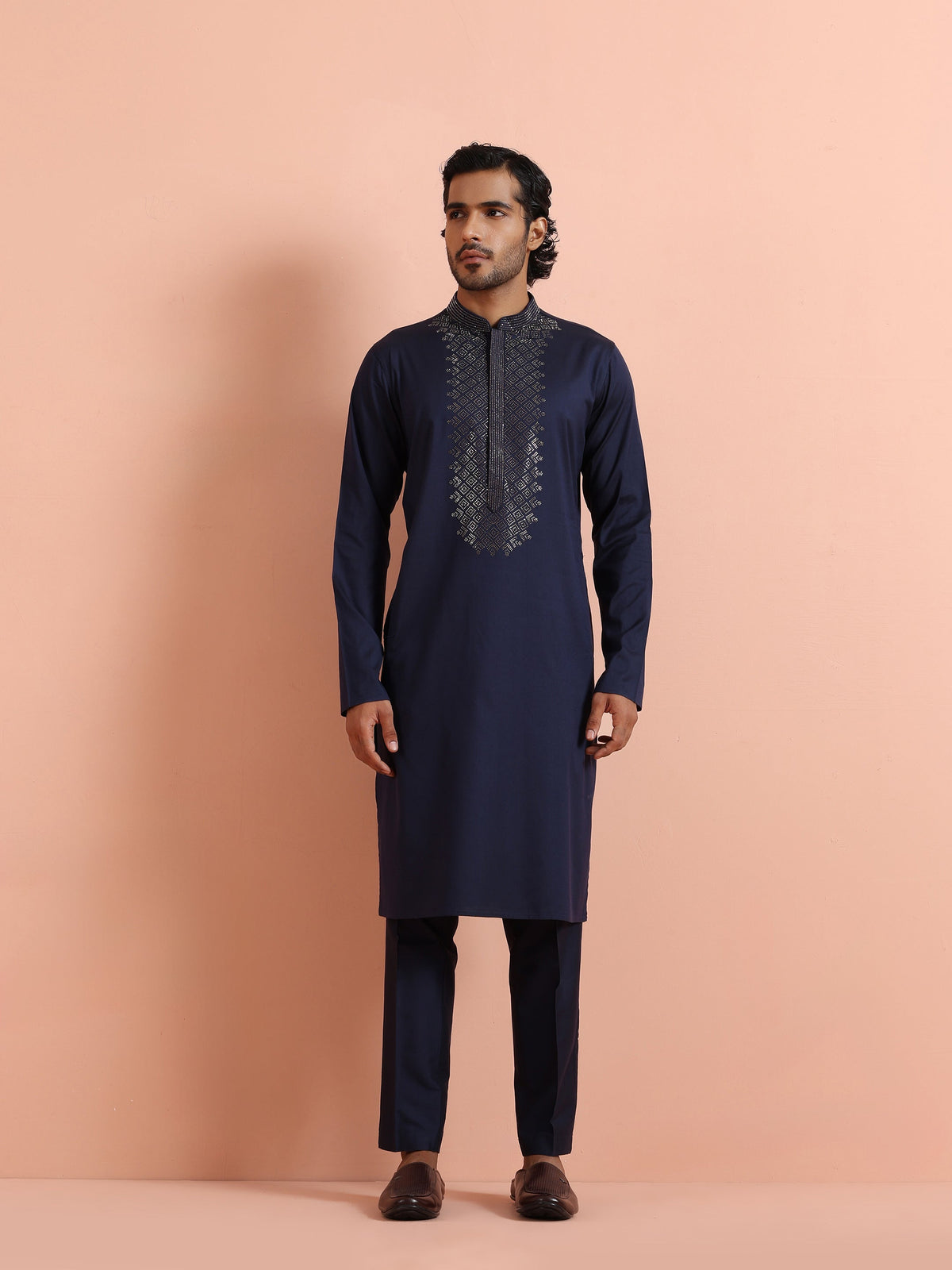 Navy Kurta with Geometric Embroidery