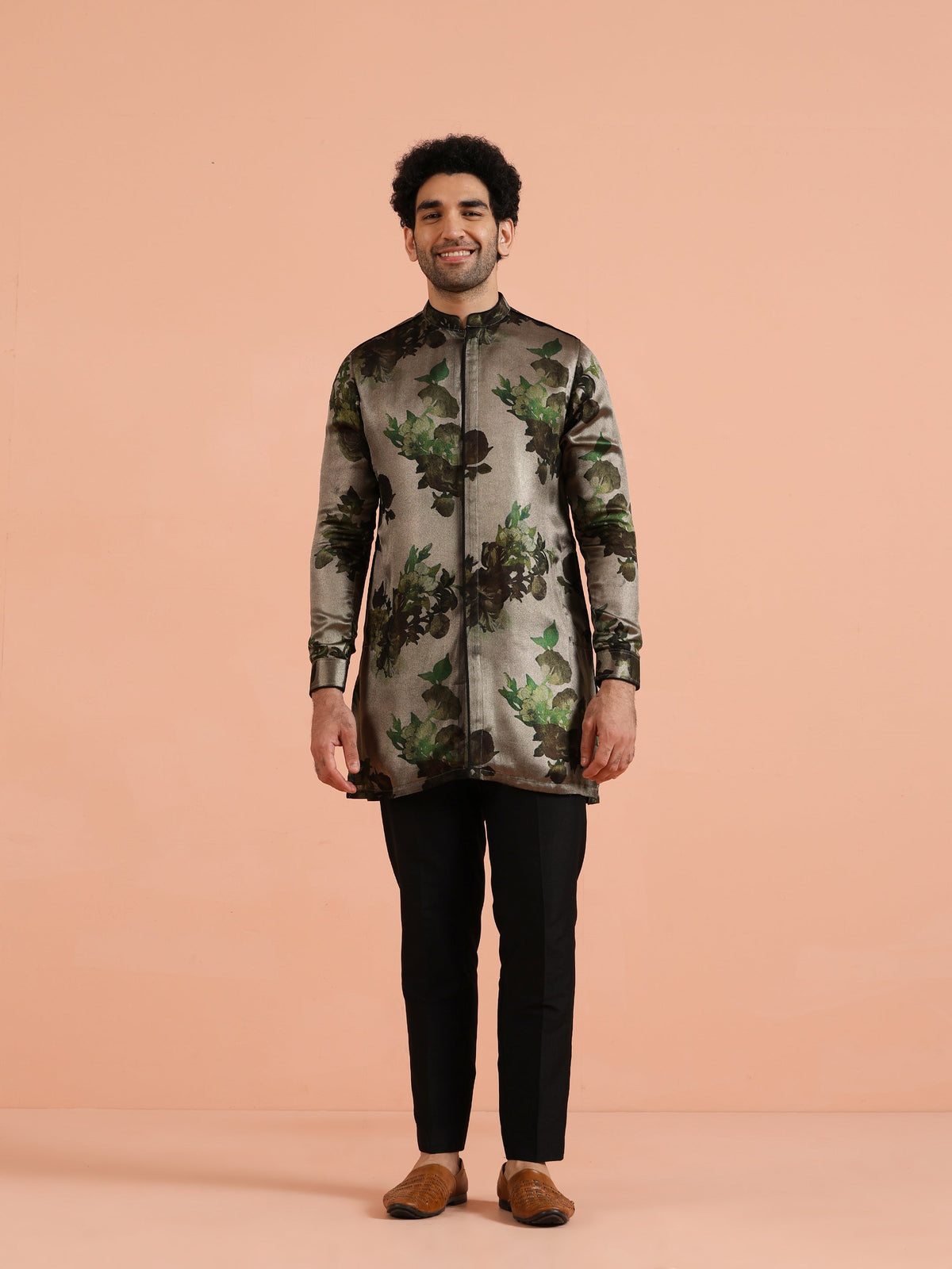 Grey Floral Printed Mid Kurta