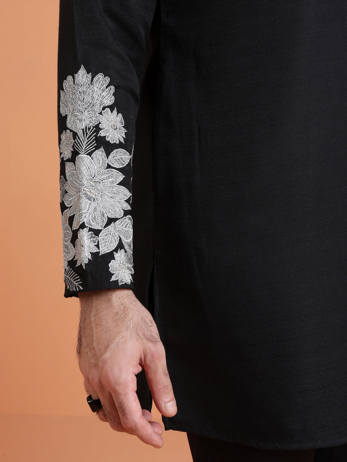 Black Cotton Silk Floral Embroidered Kurta