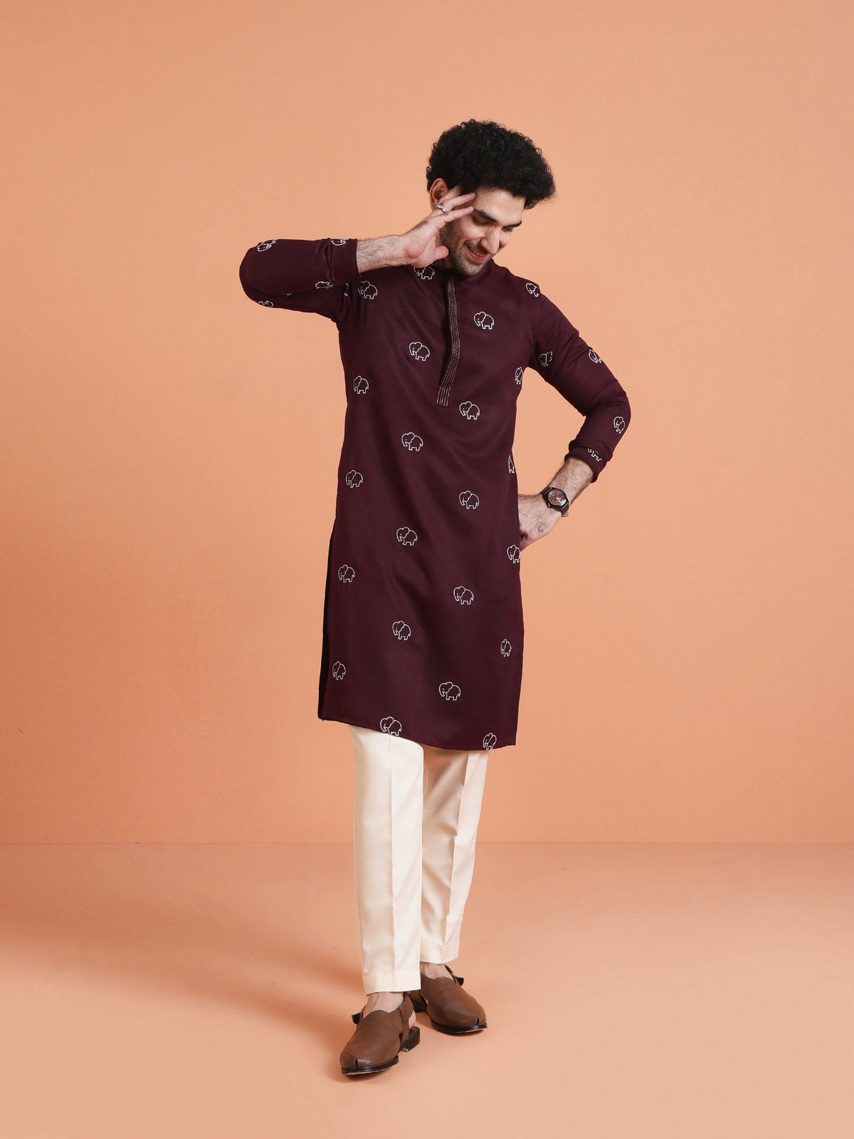 Maroon Cotton Silk Embroidered Kurta