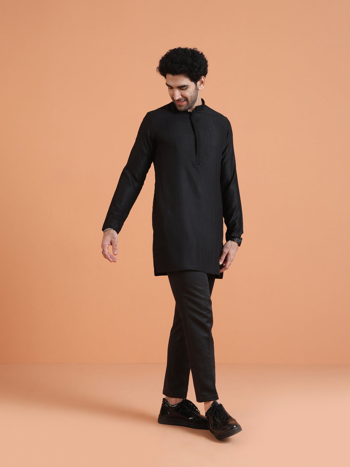 Black Silk Blend Solid Mid Kurta