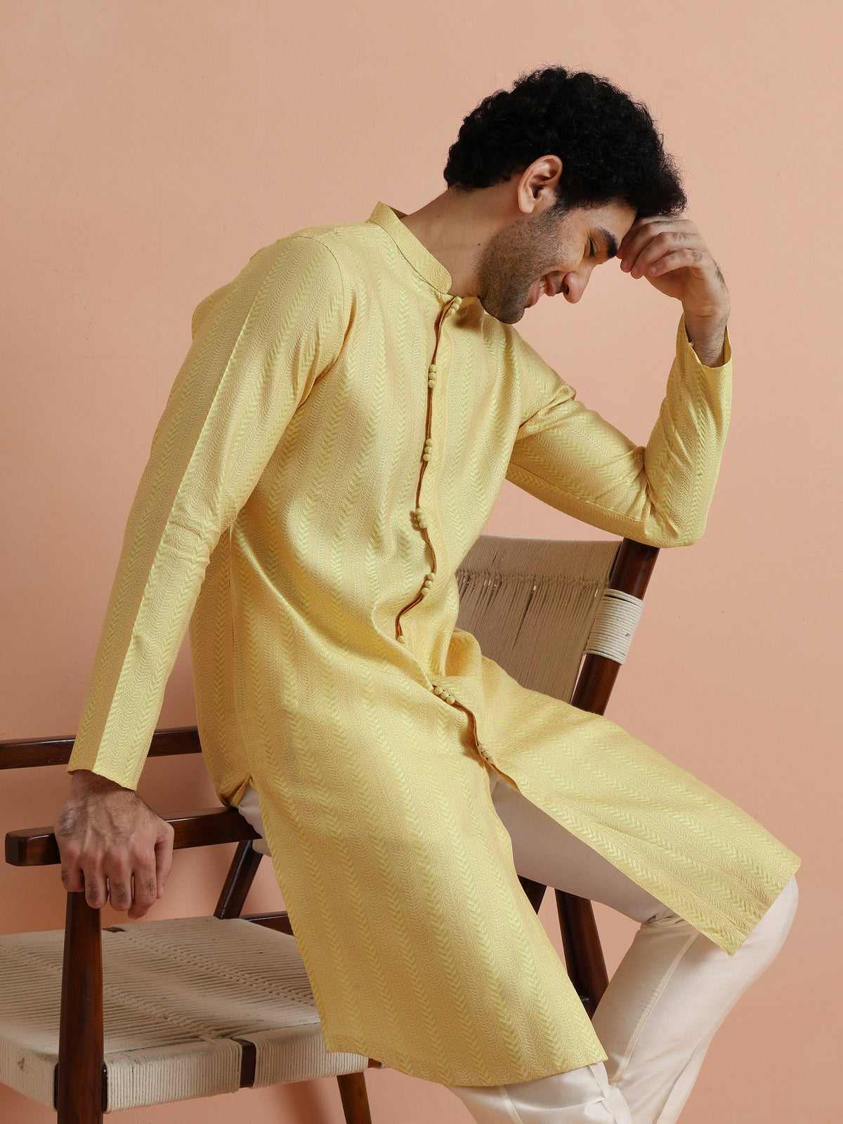 Yellow Jacquard Woven Kurta