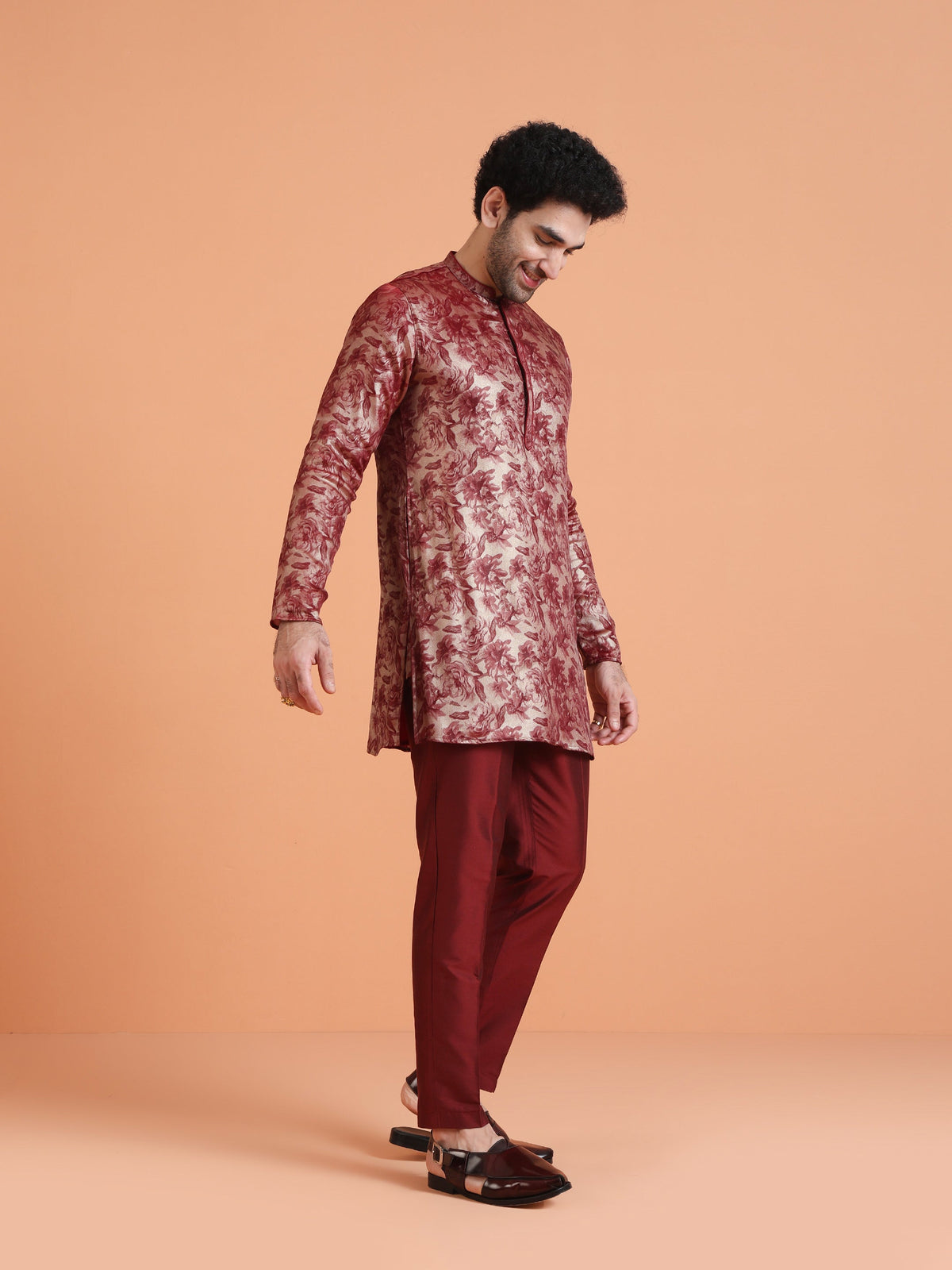 Maroon Art Silk Floral Mid Kurta