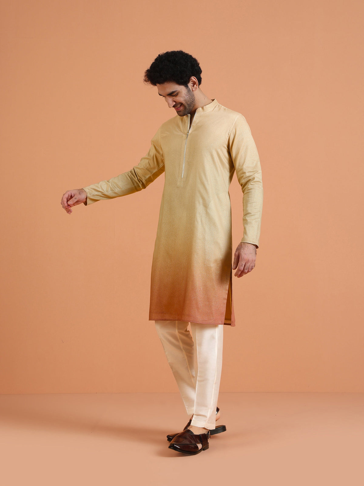 Beige Ombre Silk Kurta with Zip