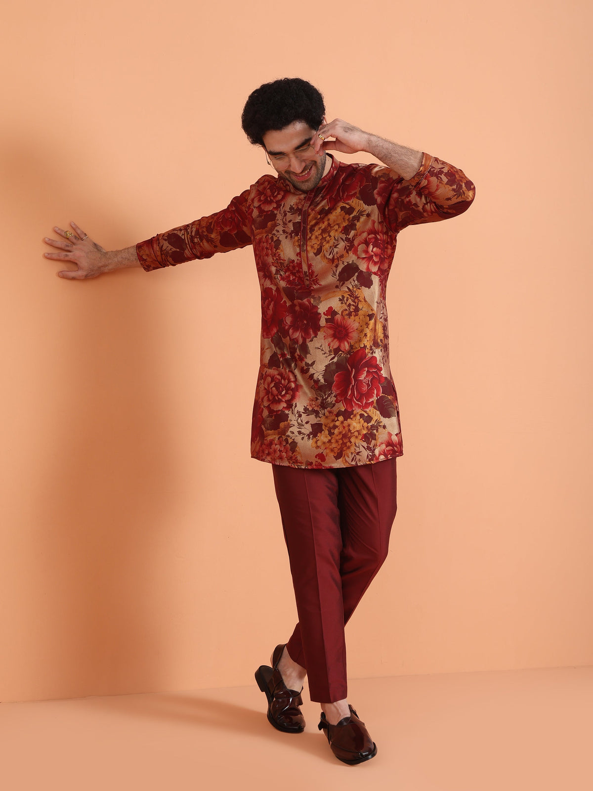 Maroon Art Silk Bold Floral Mid Kurta