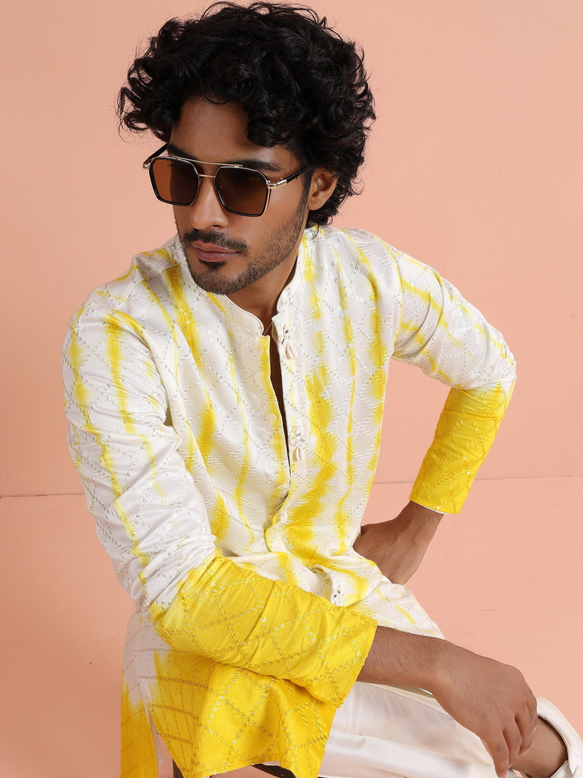 White & Yellow Ombre Printed Kurta