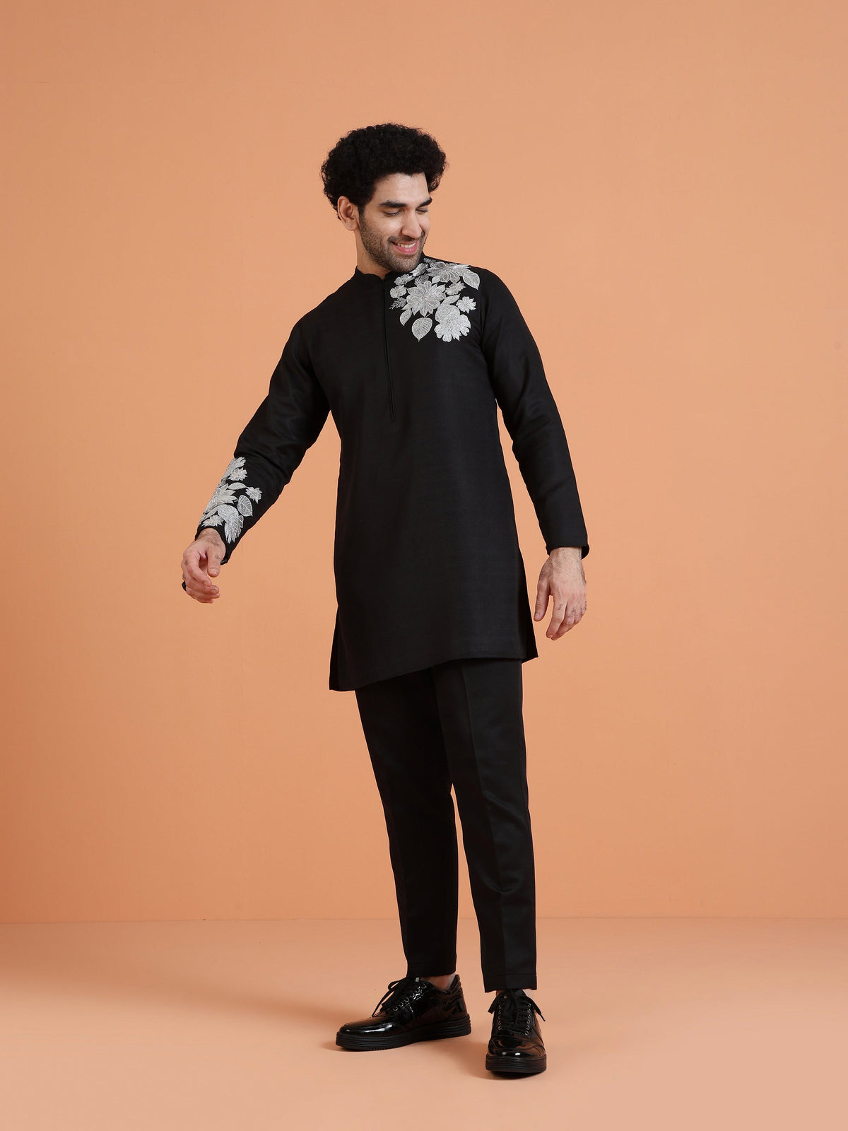 Black Cotton Silk Floral Embroidered Kurta