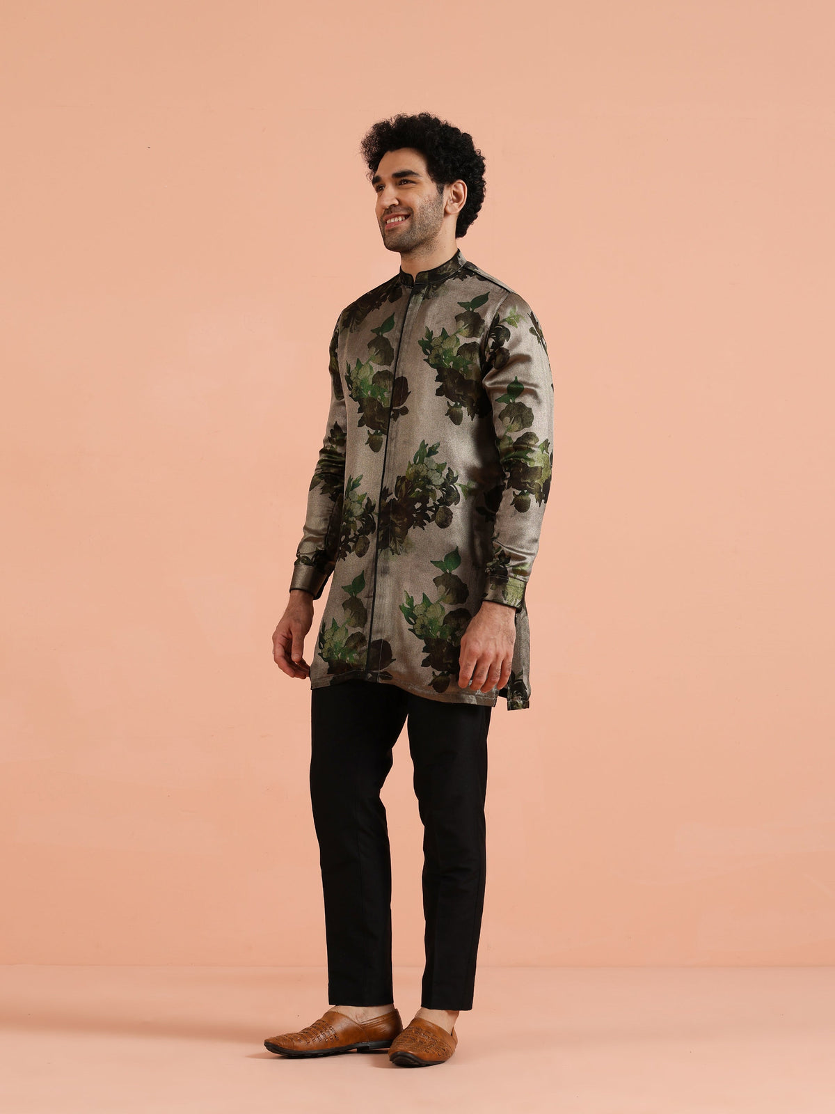 Grey Floral Printed Mid Kurta